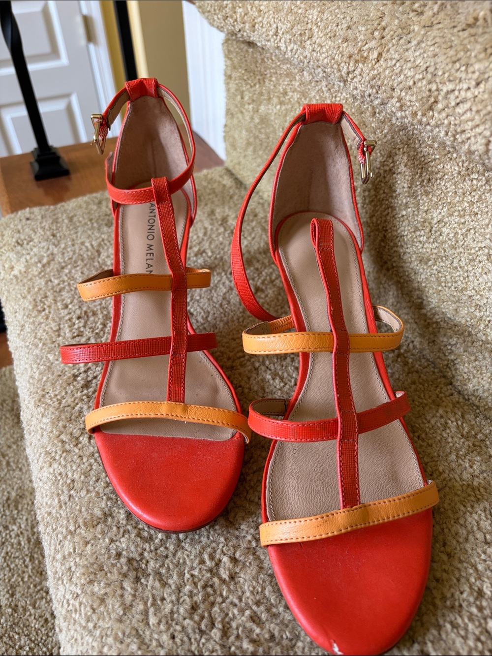 ANTONIO MELANI Red and Orange Strappy T‑Strap Sandals